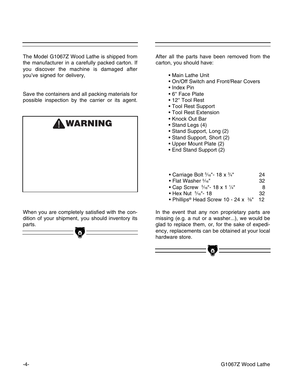 Unpacking, Piece inventory | Grizzly G1067Z User Manual | Page 5 / 28