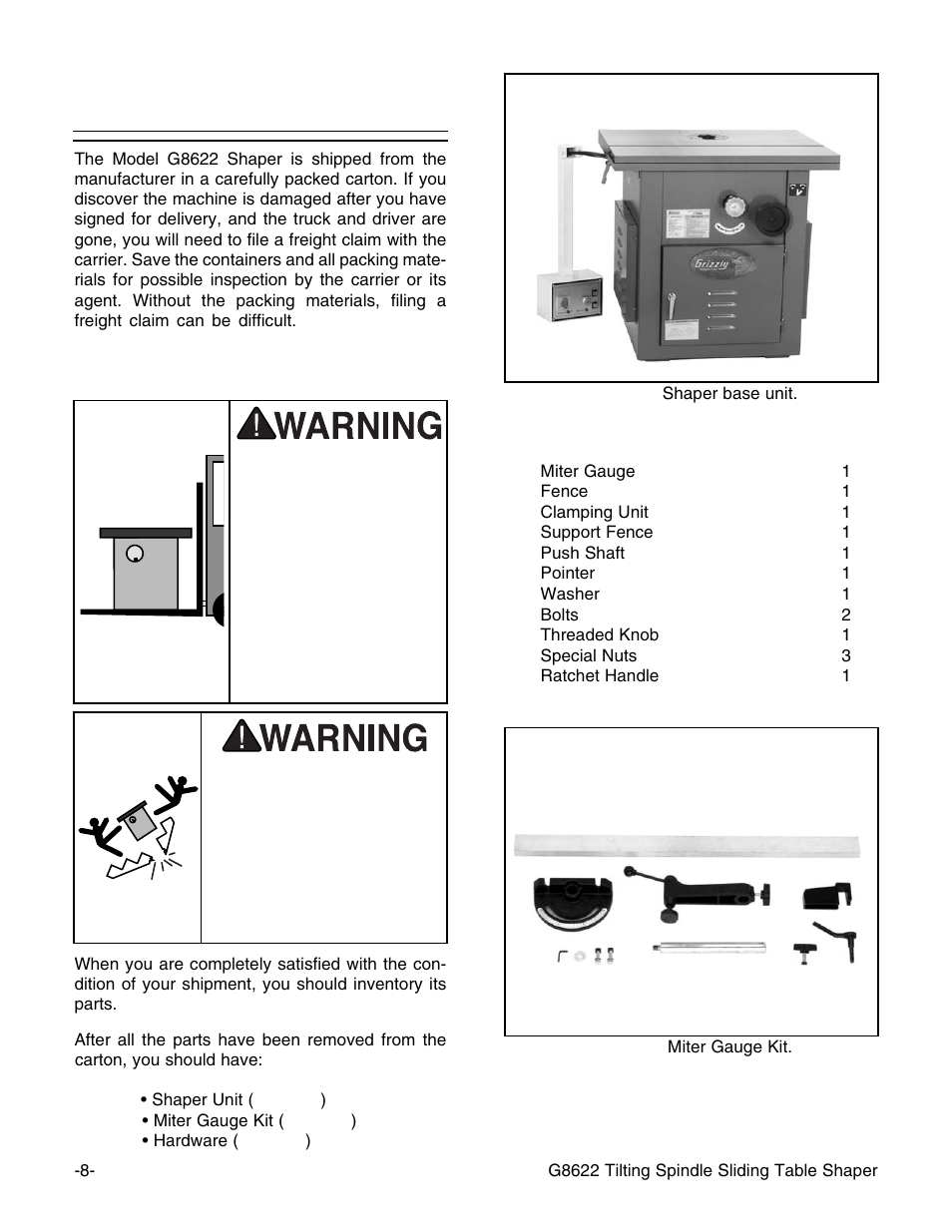 Unpacking | Grizzly G8622 User Manual | Page 10 / 48