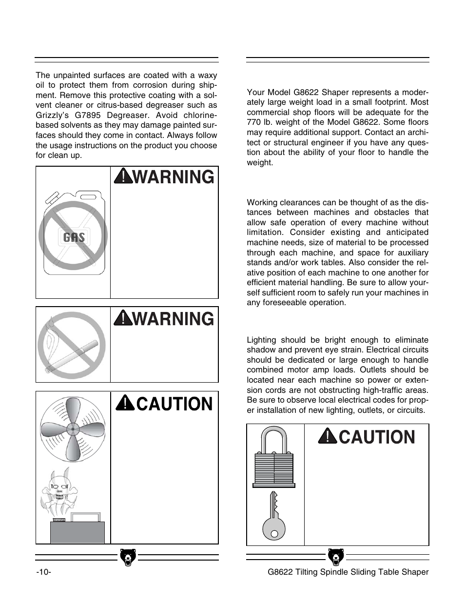 Site considerations, Clean up | Grizzly G8622 User Manual | Page 12 / 48