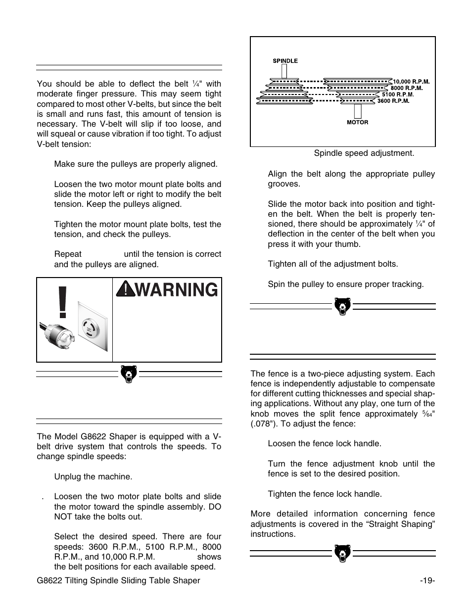 Speed changes, V-belt tension, Fence adjustment | Grizzly G8622 User Manual | Page 21 / 48