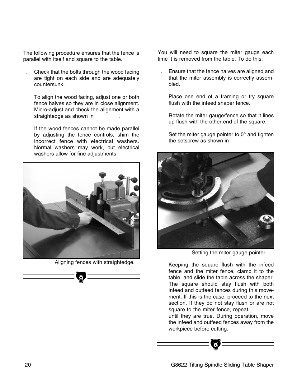 Setting miter gauge, Aligning the fences | Grizzly G8622 User Manual | Page 22 / 48