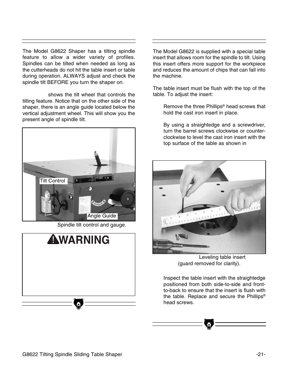 Tilting spindle, Table insert | Grizzly G8622 User Manual | Page 23 / 48