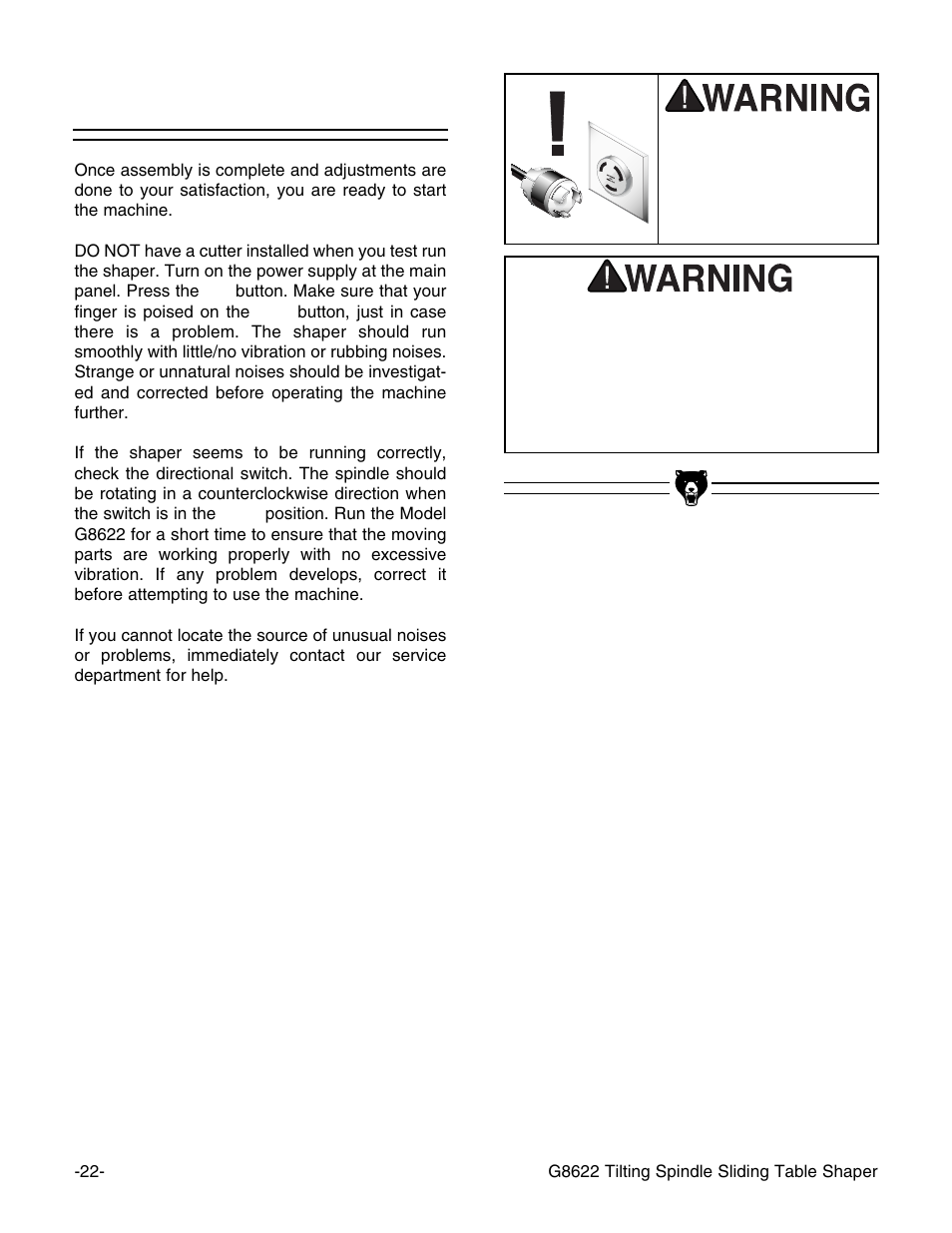 Test run | Grizzly G8622 User Manual | Page 24 / 48