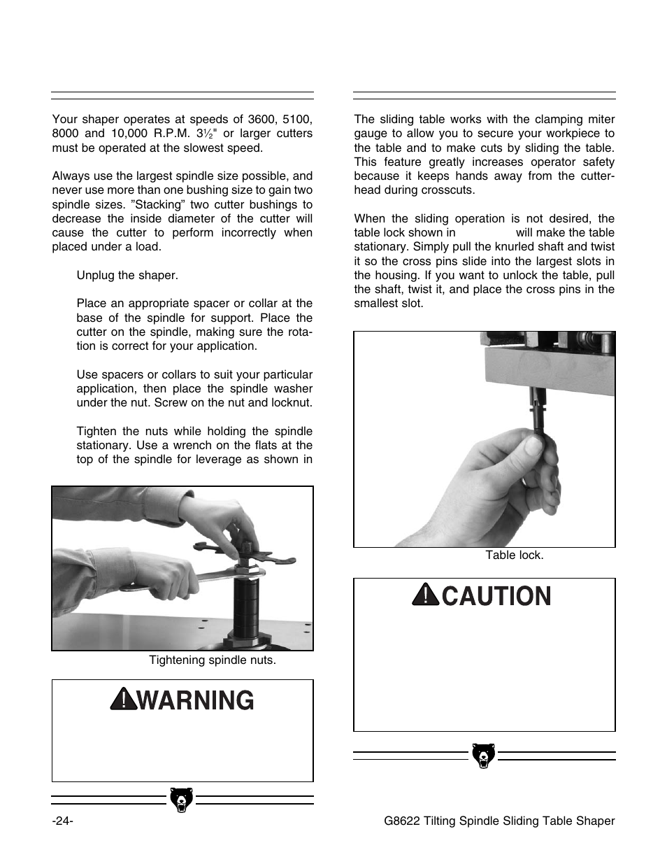 Table lock, Cutter installation | Grizzly G8622 User Manual | Page 26 / 48