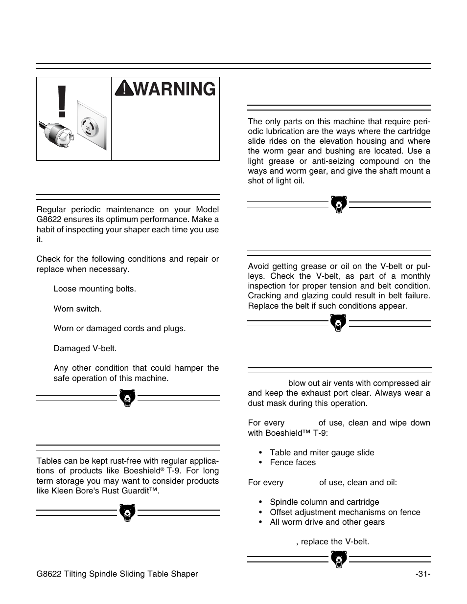 V-belt, General lubrication, Table | Schedule | Grizzly G8622 User Manual | Page 33 / 48