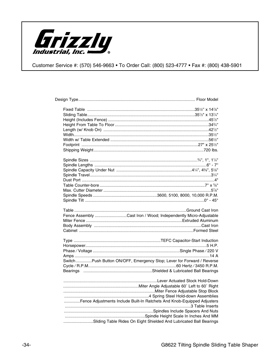 Machine data sheet, G8622 tilting spindle sliding table shaper | Grizzly G8622 User Manual | Page 36 / 48