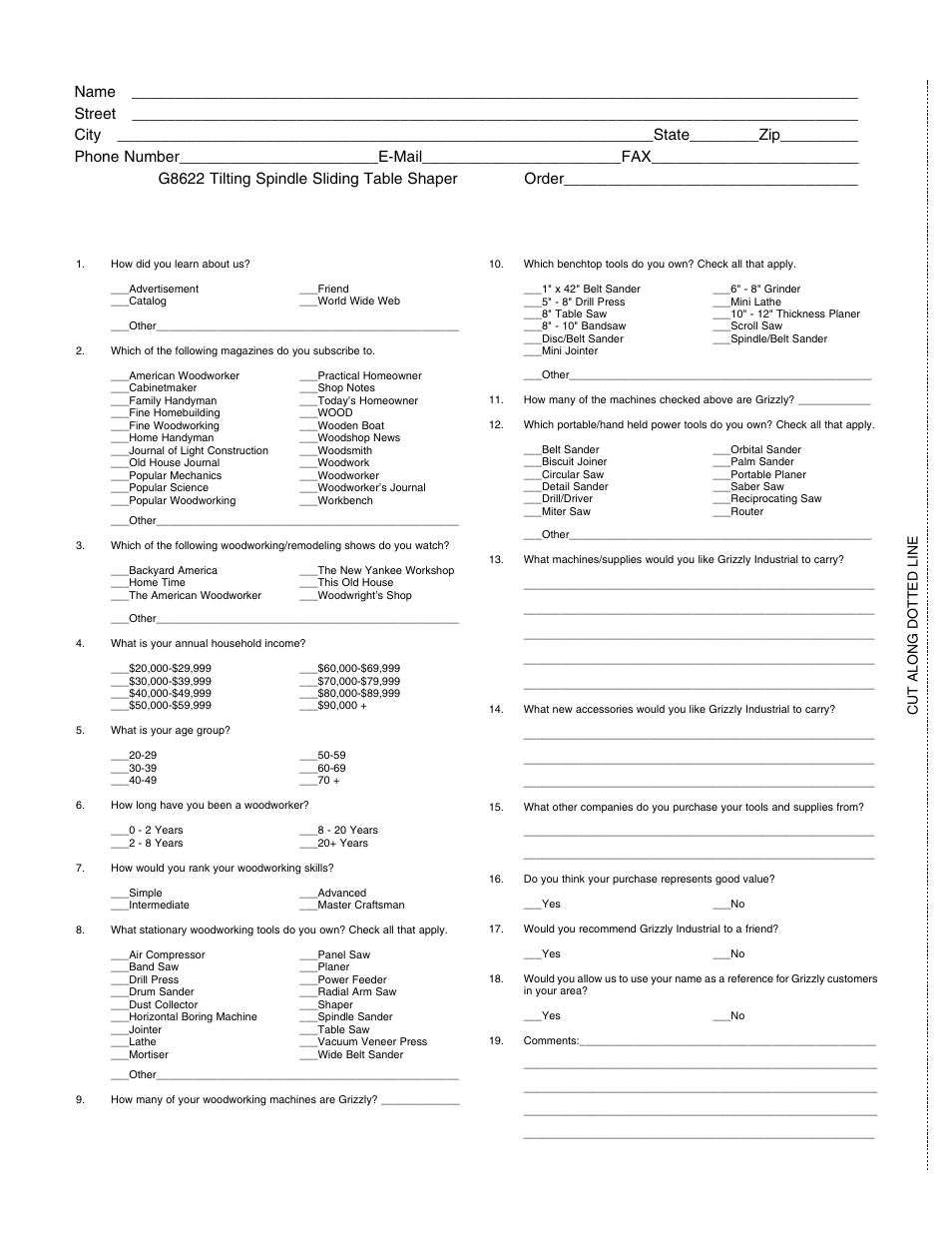 Warranty card, Cut along dotted line | Grizzly G8622 User Manual | Page 45 / 48