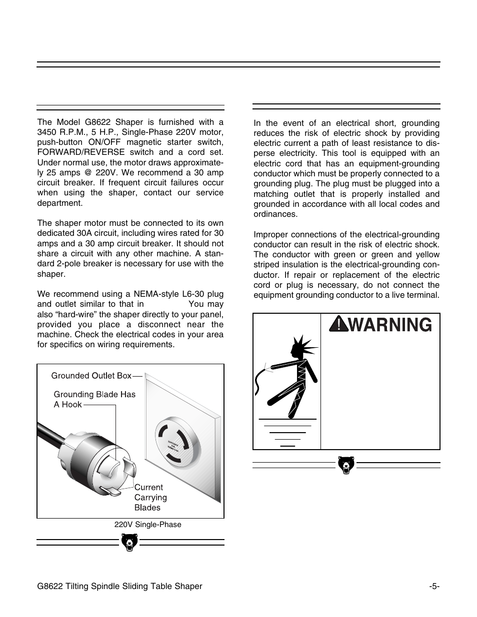 220v operation, Grounding | Grizzly G8622 User Manual | Page 7 / 48