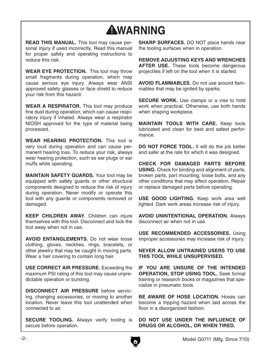 Grizzly G0711 User Manual | Page 2 / 8