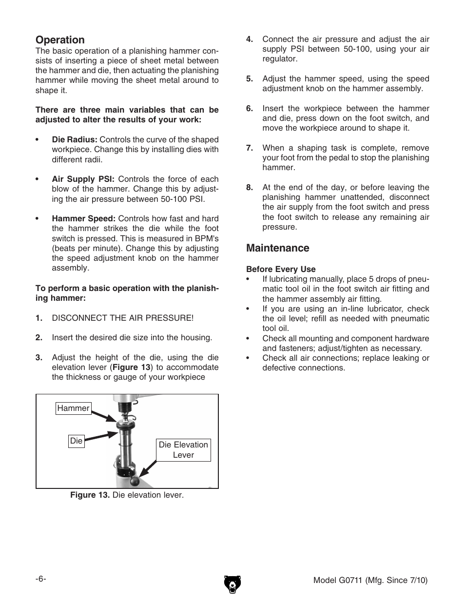 Maintenance, Operation | Grizzly G0711 User Manual | Page 6 / 8