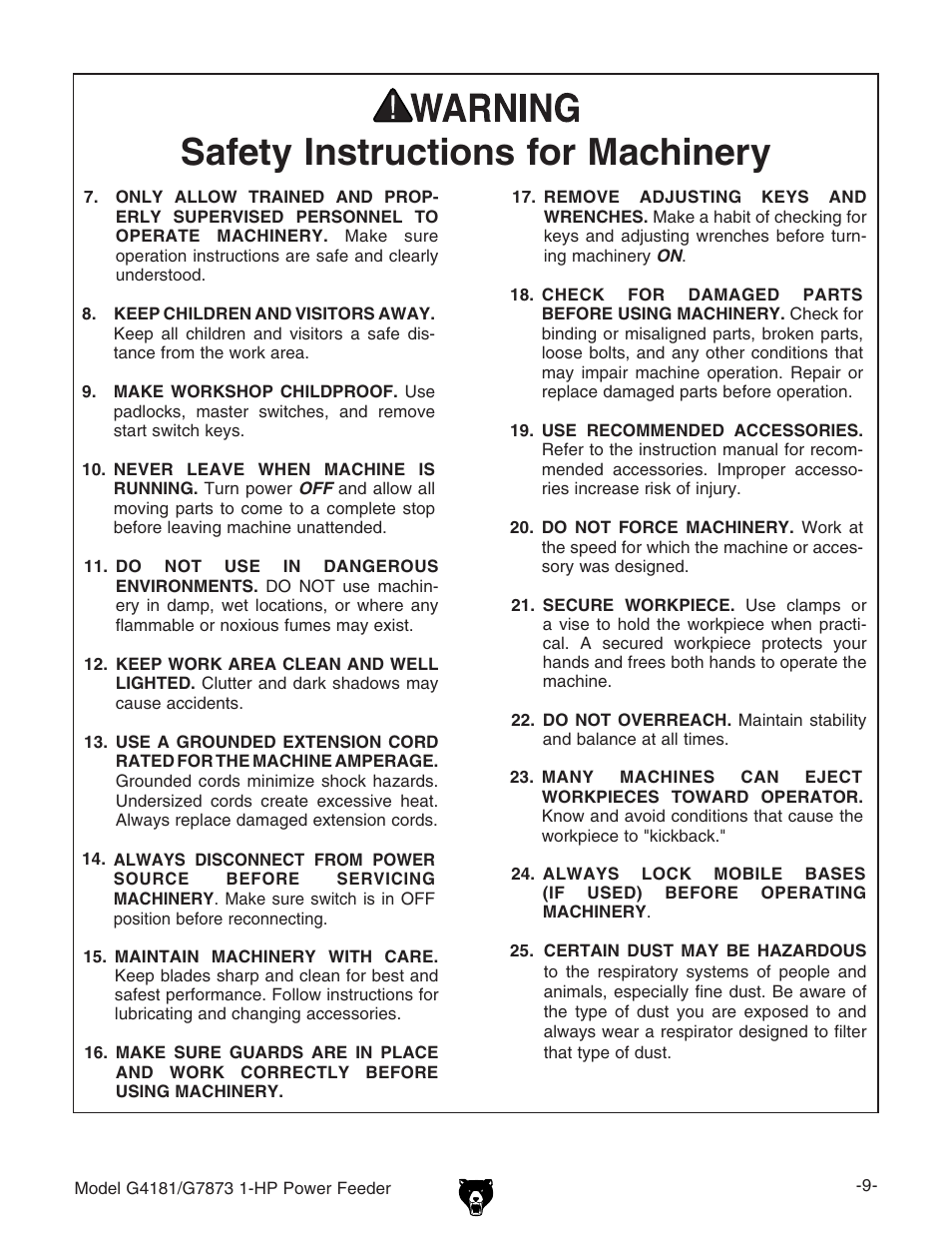 3afety | Grizzly Power Feeder G7873 User Manual | Page 11 / 32