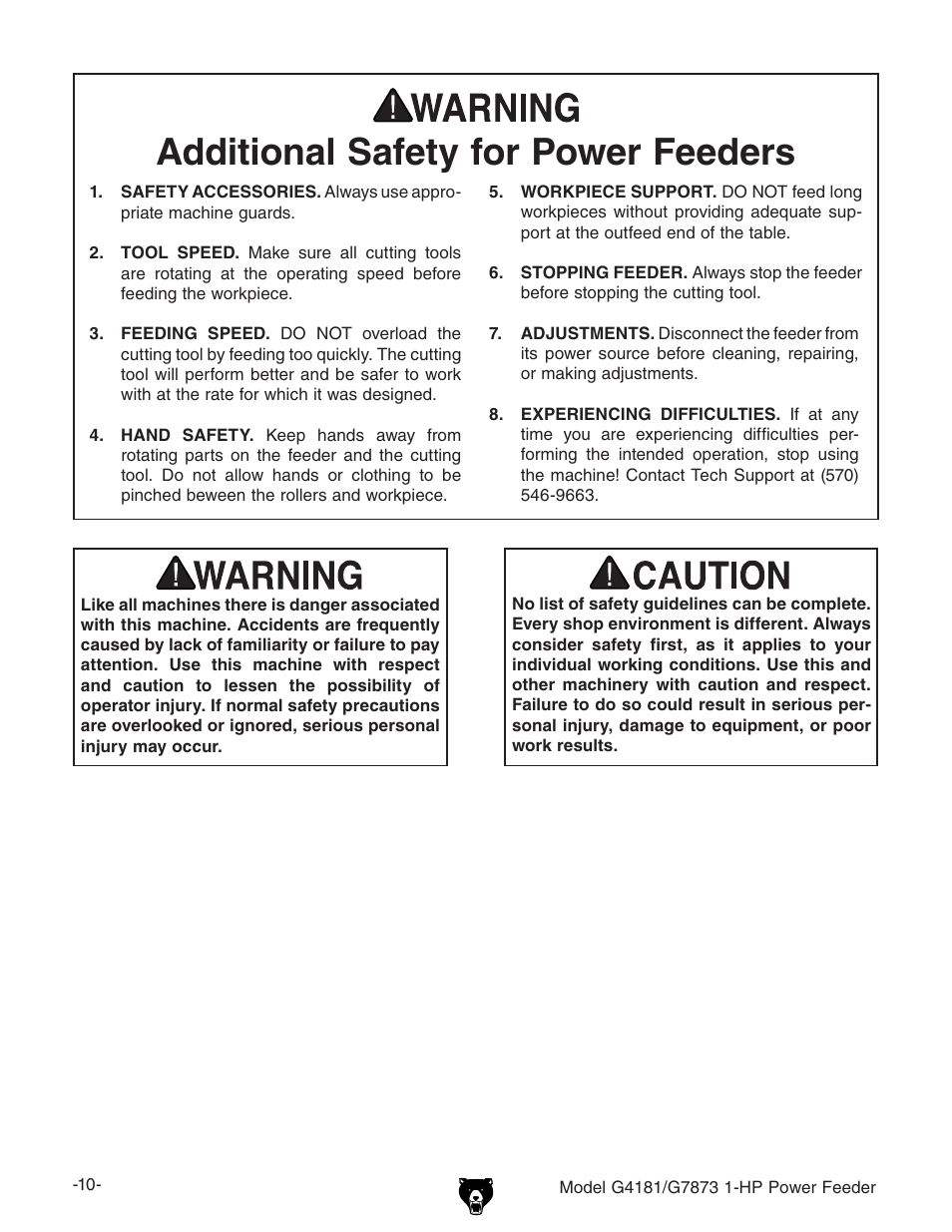 Additional safety for power feeders | Grizzly Power Feeder G7873 User Manual | Page 12 / 32