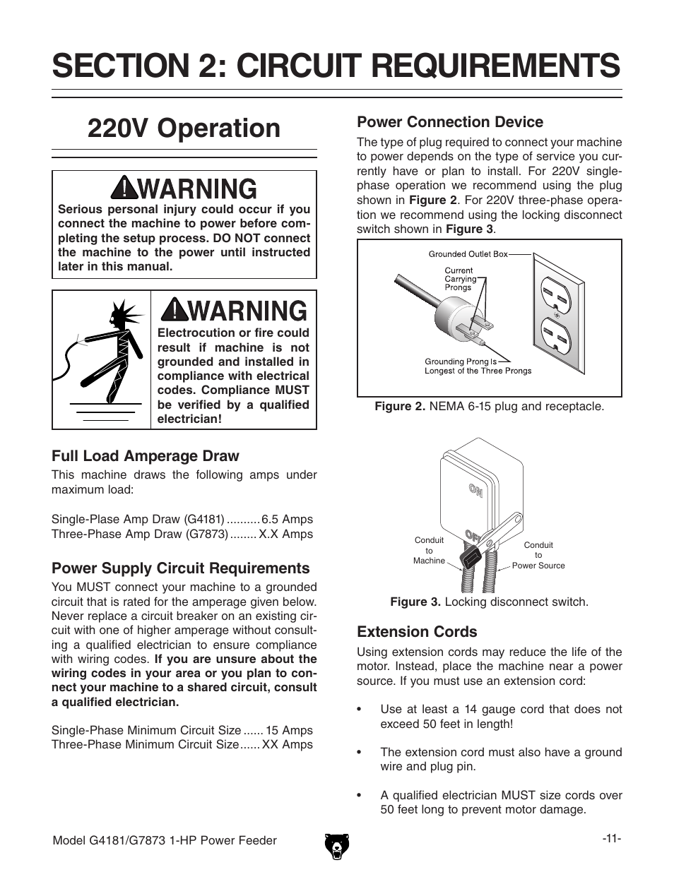 220v operation | Grizzly Power Feeder G7873 User Manual | Page 13 / 32