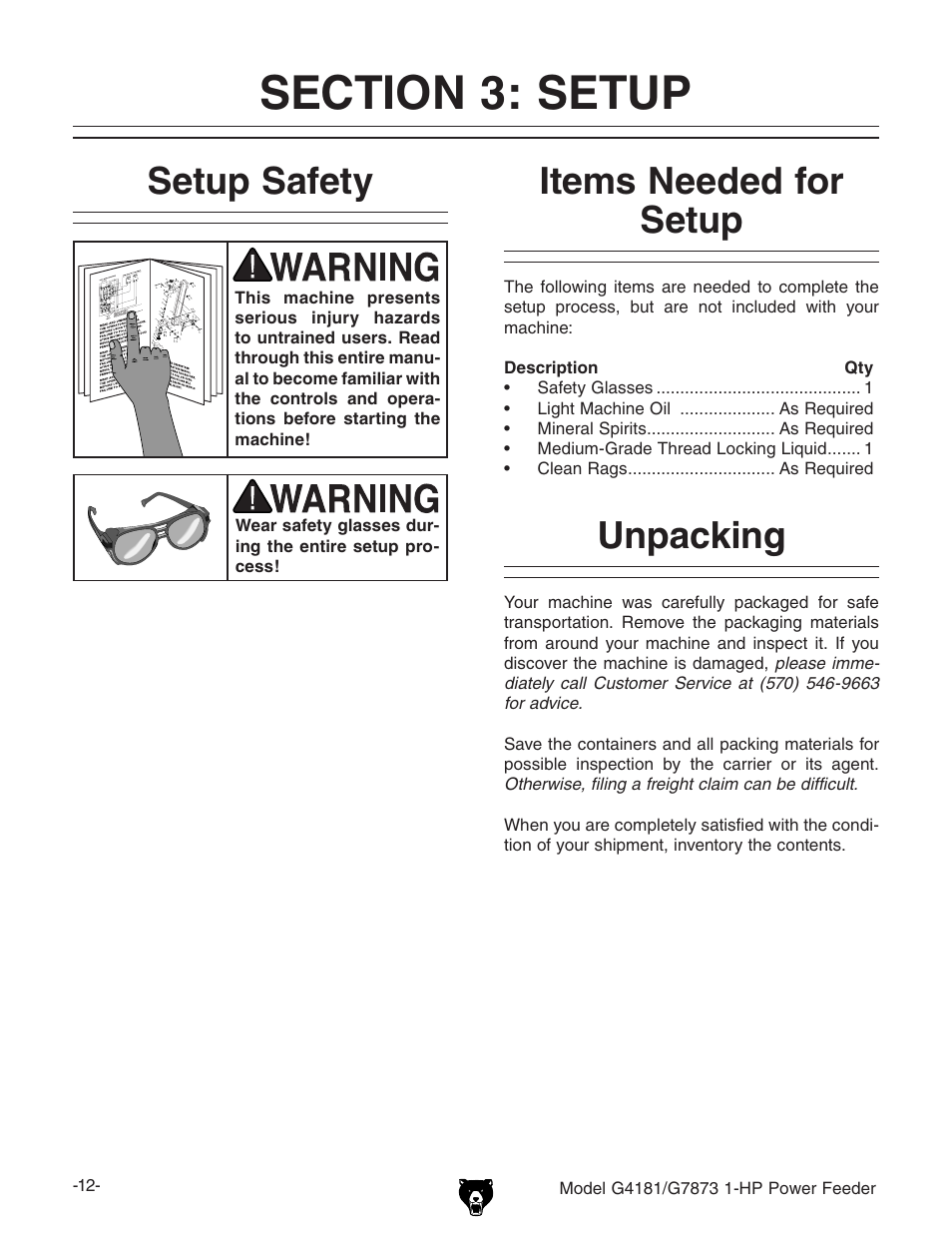 Setup safety, Items needed for setup, Unpacking | Grizzly Power Feeder G7873 User Manual | Page 14 / 32