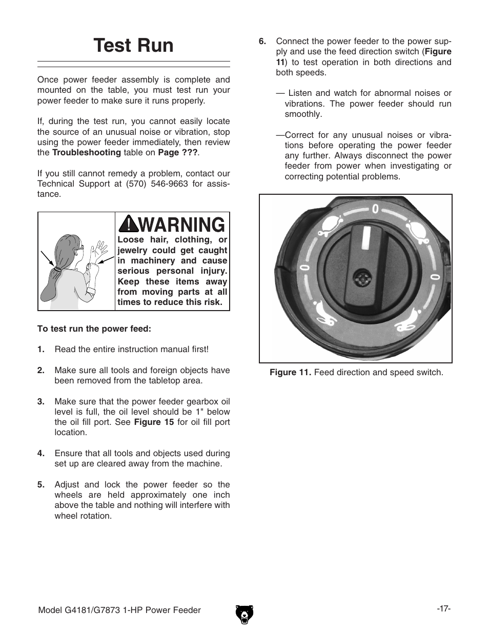 Test run | Grizzly Power Feeder G7873 User Manual | Page 19 / 32