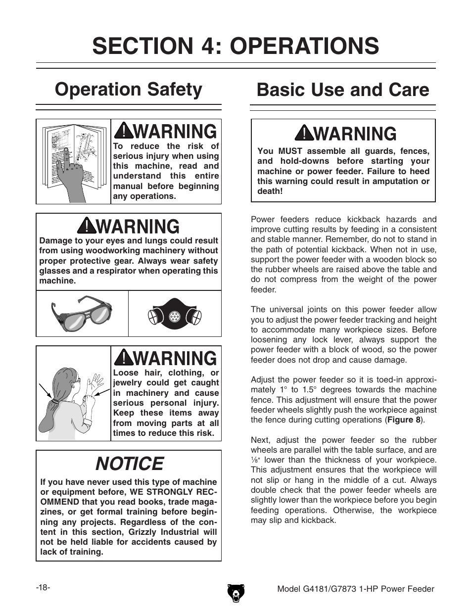 Operation safety, Notice, Basic use and care | Grizzly Power Feeder G7873 User Manual | Page 20 / 32