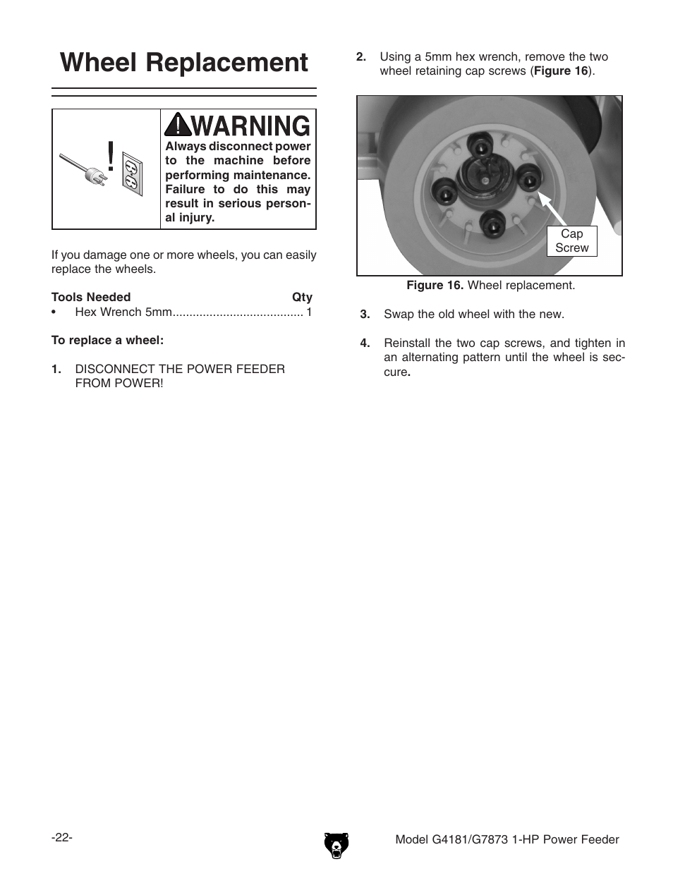 Wheel replacement | Grizzly Power Feeder G7873 User Manual | Page 24 / 32