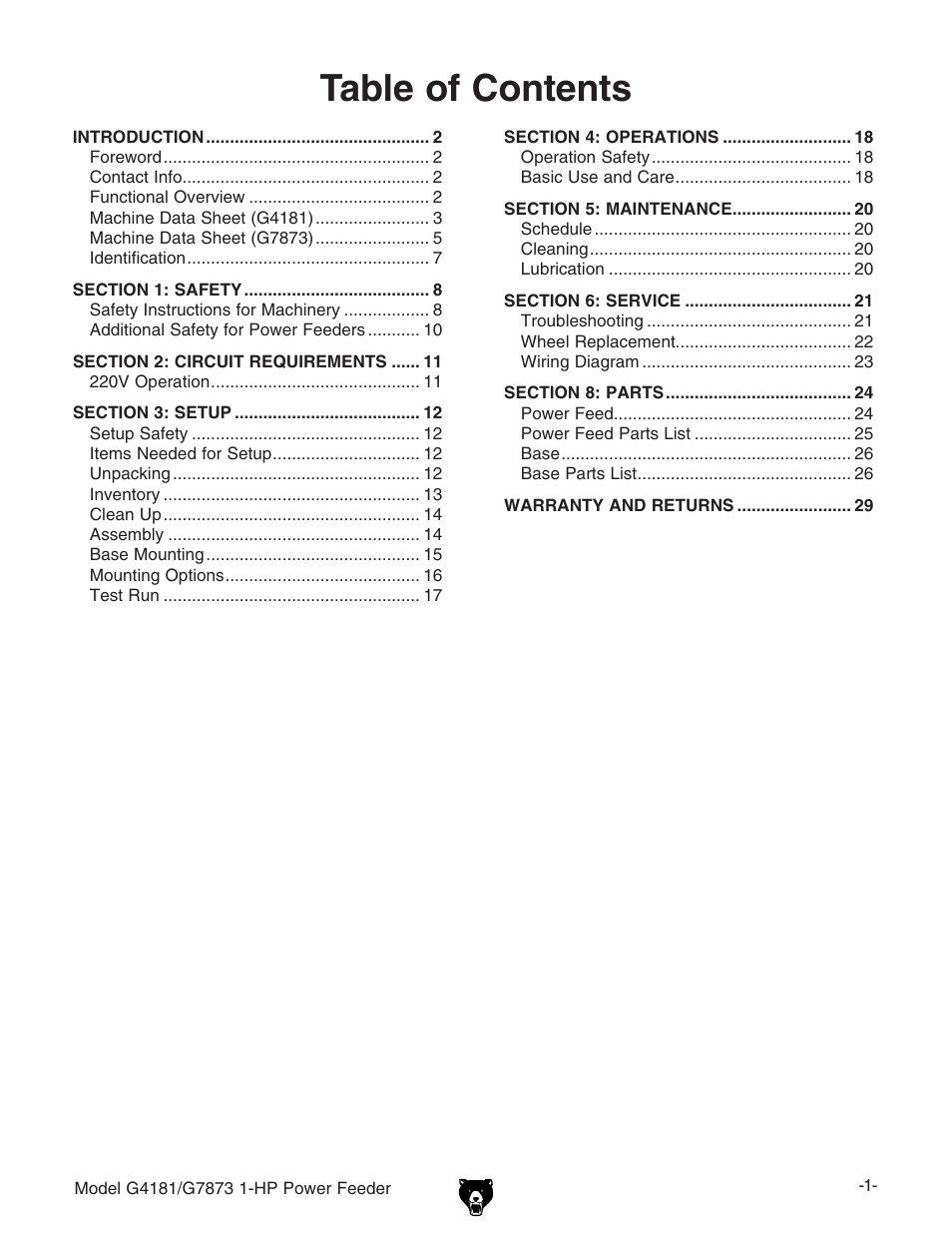 Grizzly Power Feeder G7873 User Manual | Page 3 / 32