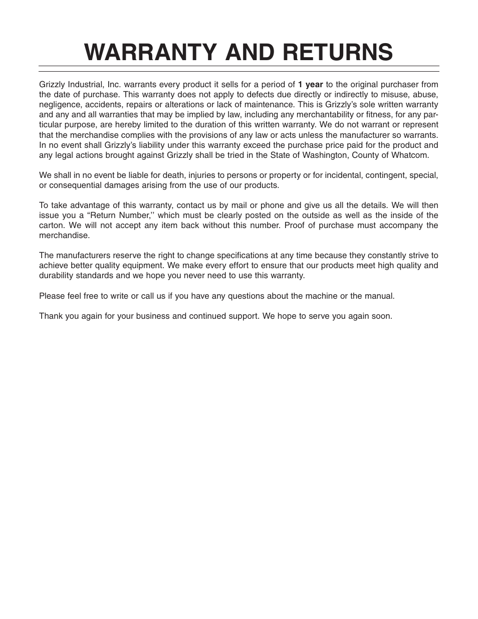 Warranty and returns | Grizzly Power Feeder G7873 User Manual | Page 31 / 32