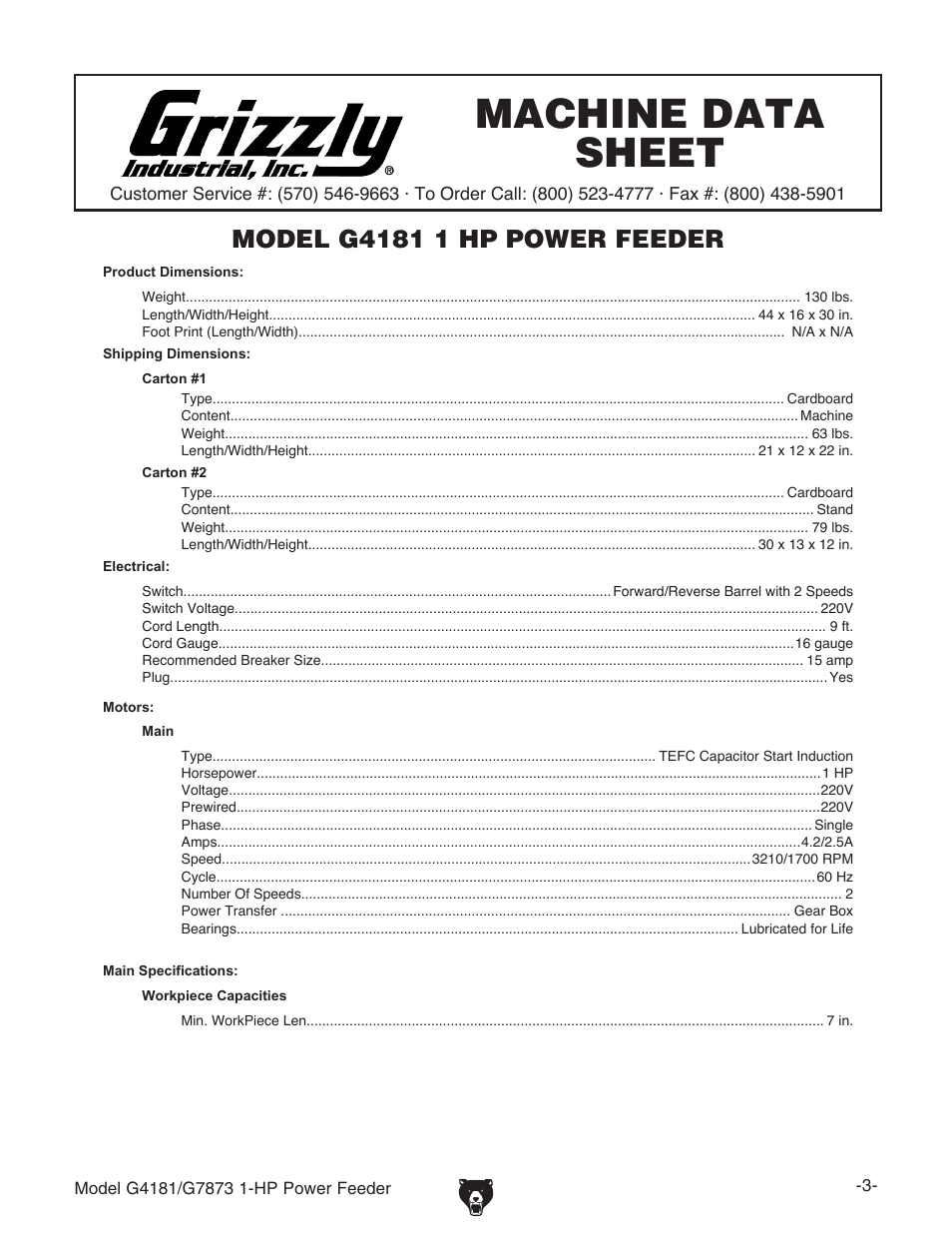 Machine data sheet, Machine data sheet (g4181) | Grizzly Power Feeder G7873 User Manual | Page 5 / 32