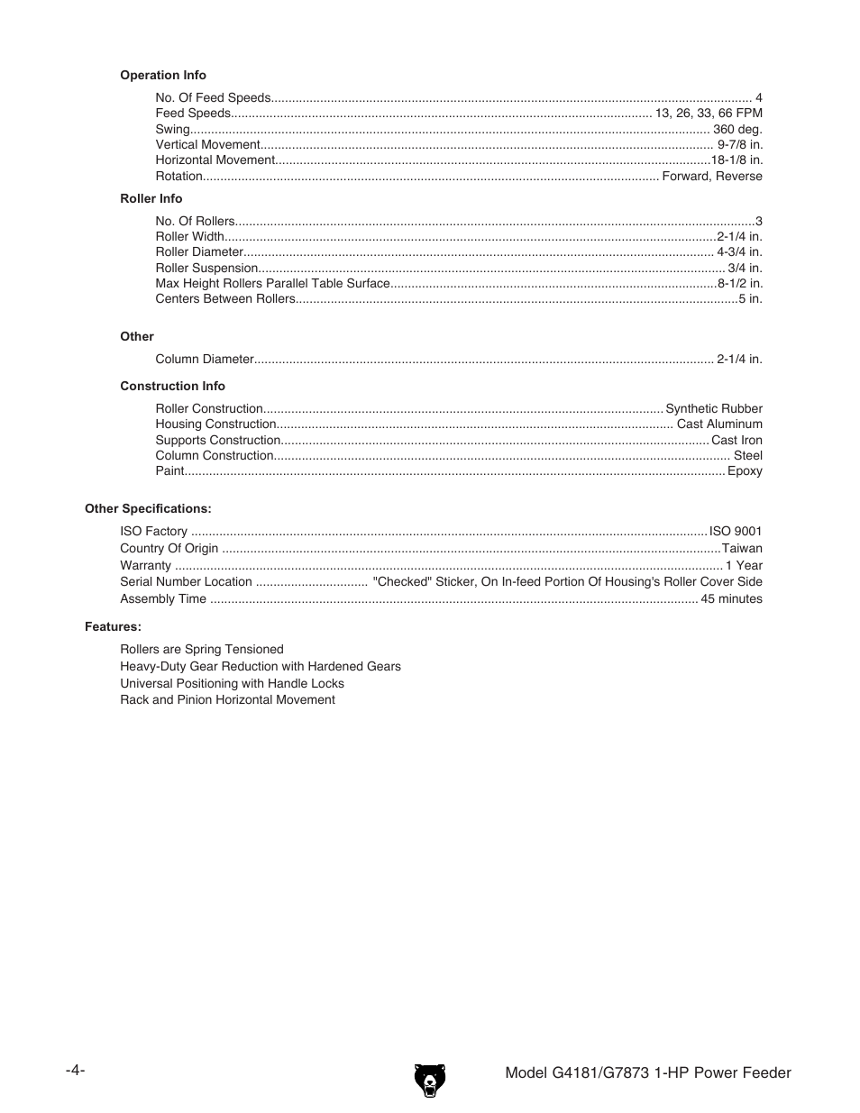 Grizzly Power Feeder G7873 User Manual | Page 6 / 32