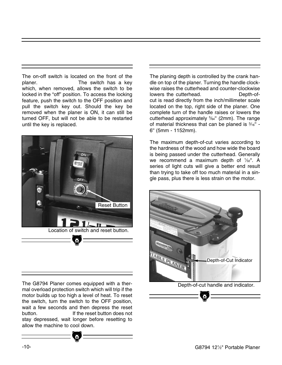 On-off switch, Reset button, Depth-of-cut | Grizzly G8794 User Manual | Page 12 / 30