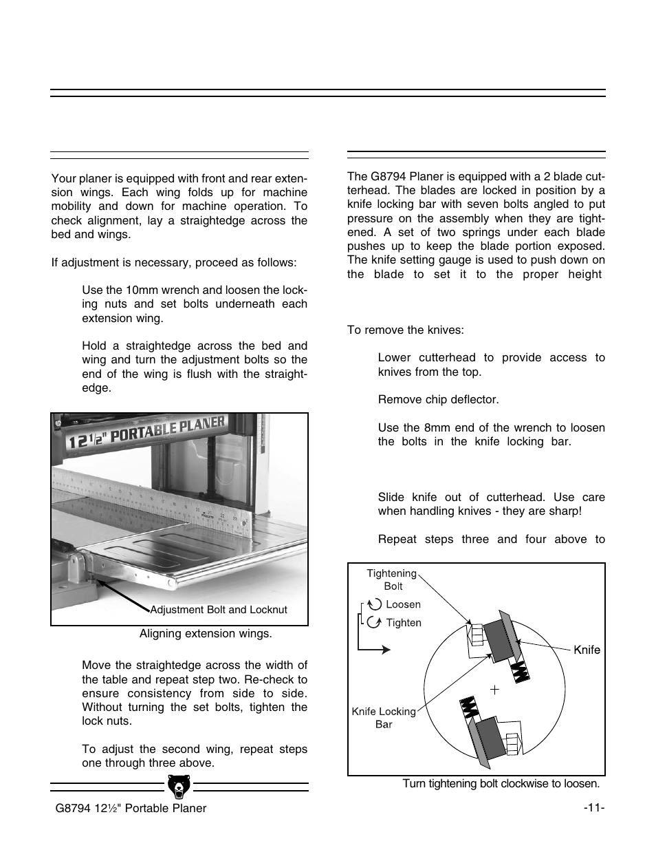 Extension wings, Knife setting | Grizzly G8794 User Manual | Page 13 / 30