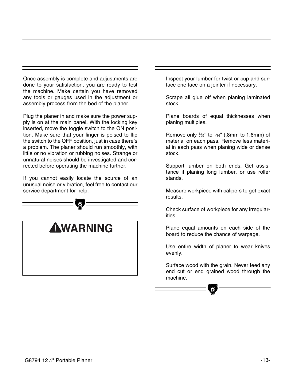Test run, Planing tips | Grizzly G8794 User Manual | Page 15 / 30