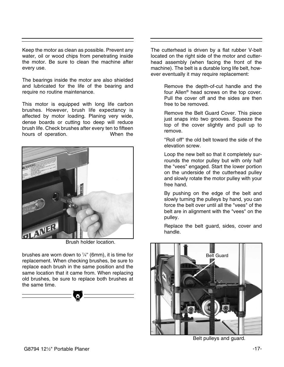 V-belt, Motor | Grizzly G8794 User Manual | Page 19 / 30