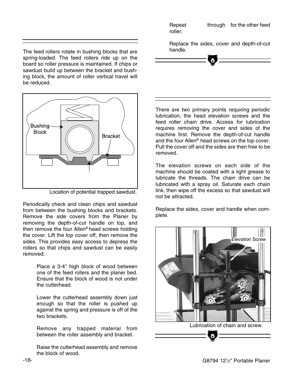 Feed rollers, Lubrication | Grizzly G8794 User Manual | Page 20 / 30