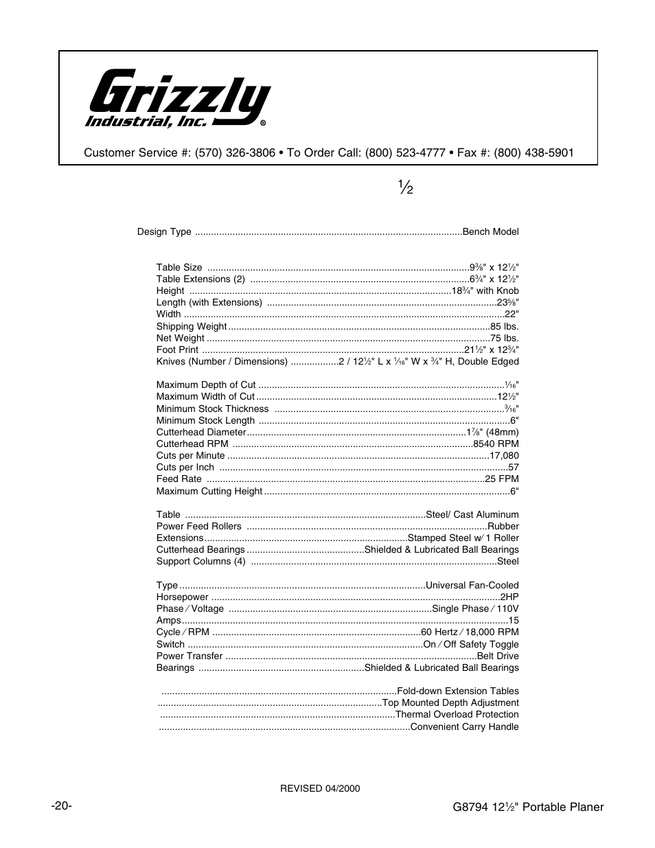 Machine data sheet, Planer, Portable planer | Grizzly G8794 User Manual | Page 22 / 30