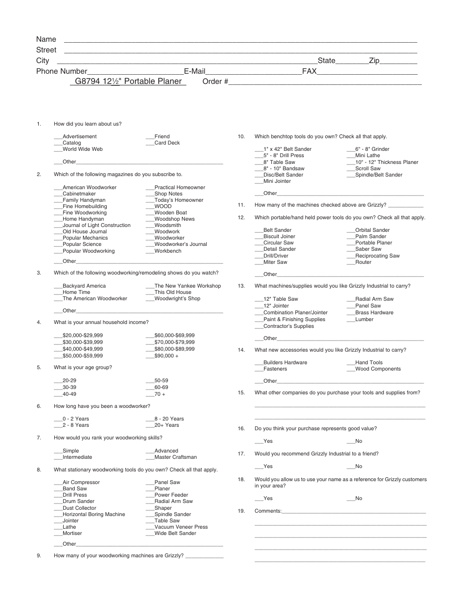 Warranty card, Portable planer, Order | Grizzly G8794 User Manual | Page 29 / 30