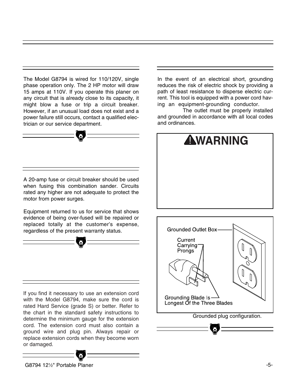 110v operation, Fusing extension cords grounding | Grizzly G8794 User Manual | Page 7 / 30