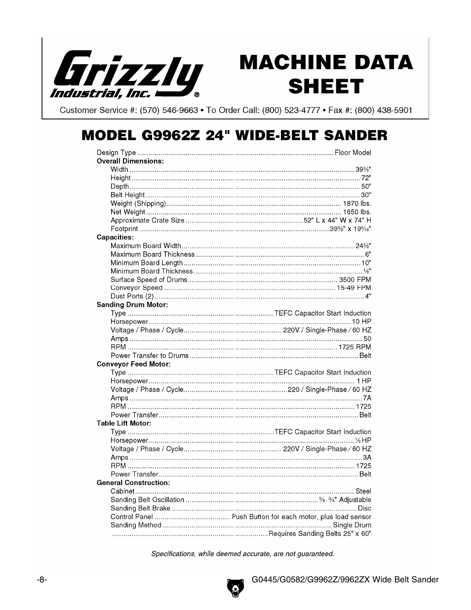 Machine data sheet (g9962z) | Grizzly G0445 User Manual | Page 10 / 80