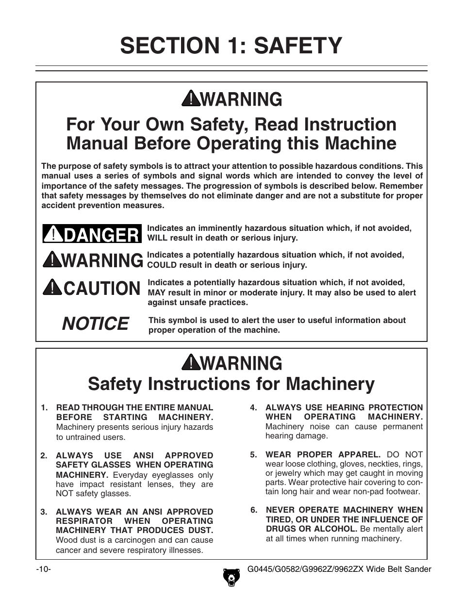 Notice safety instructions for machinery | Grizzly G0445 User Manual | Page 12 / 80