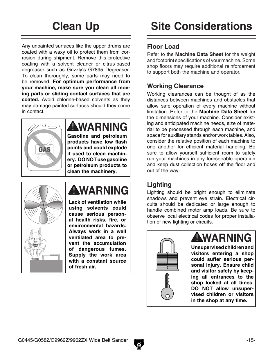 Site considerations, Clean up | Grizzly G0445 User Manual | Page 17 / 80