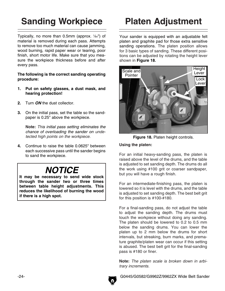 Sanding workpiece, Notice, Platen adjustment | Grizzly G0445 User Manual | Page 26 / 80