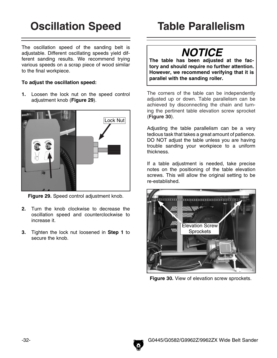 Notice, Oscillation speed table parallelism | Grizzly G0445 User Manual | Page 34 / 80