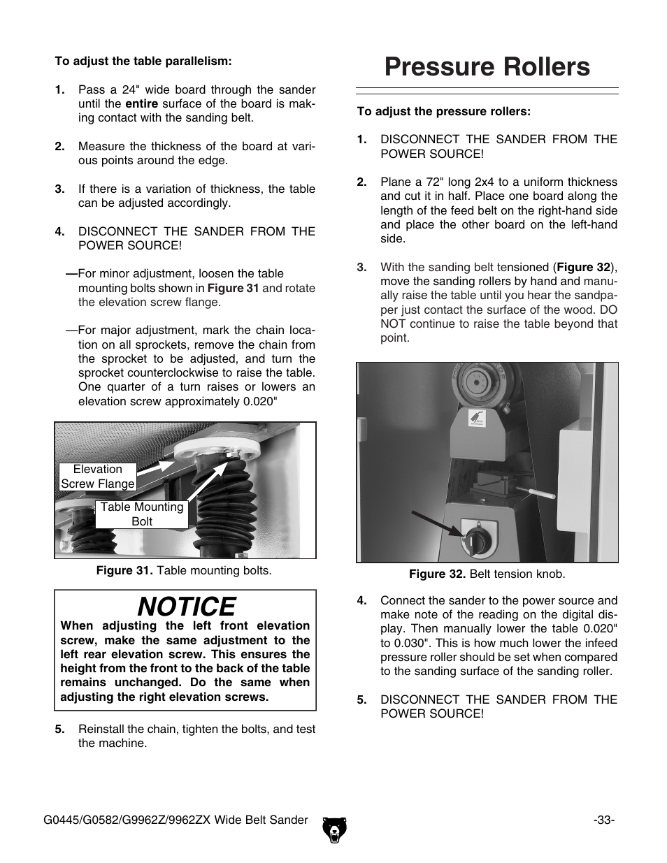 Pressure rollers, Notice | Grizzly G0445 User Manual | Page 35 / 80