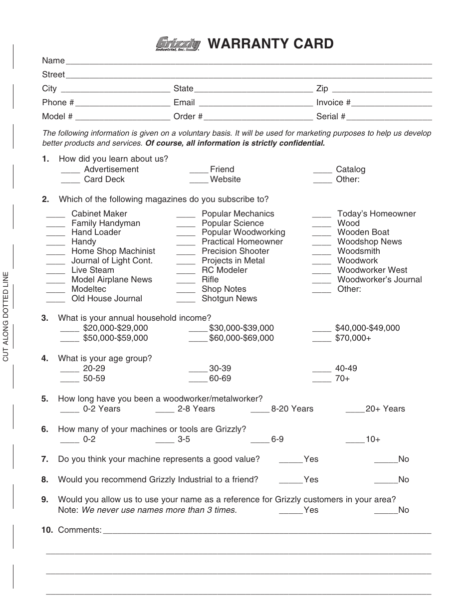 Warranty card | Grizzly G0445 User Manual | Page 77 / 80