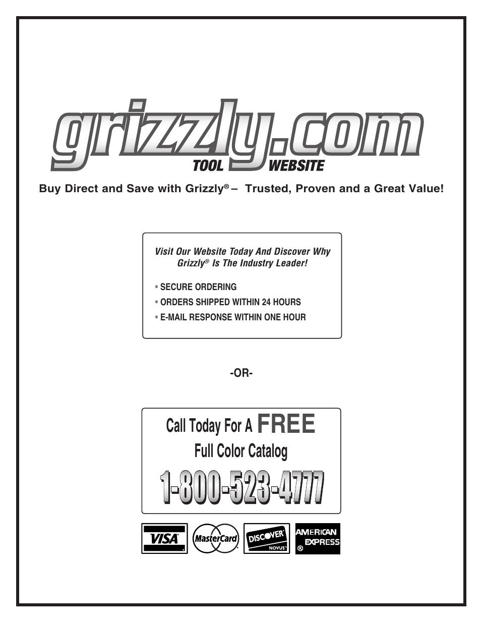 Free, Call today for a, Full color catalog | Grizzly G0445 User Manual | Page 80 / 80