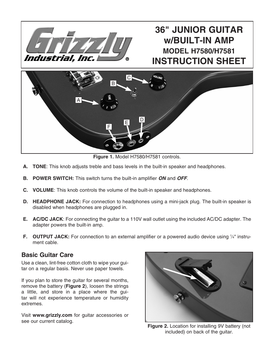 Grizzly 36" Junior Guitar with built in amp H7580 User Manual | 2 pages