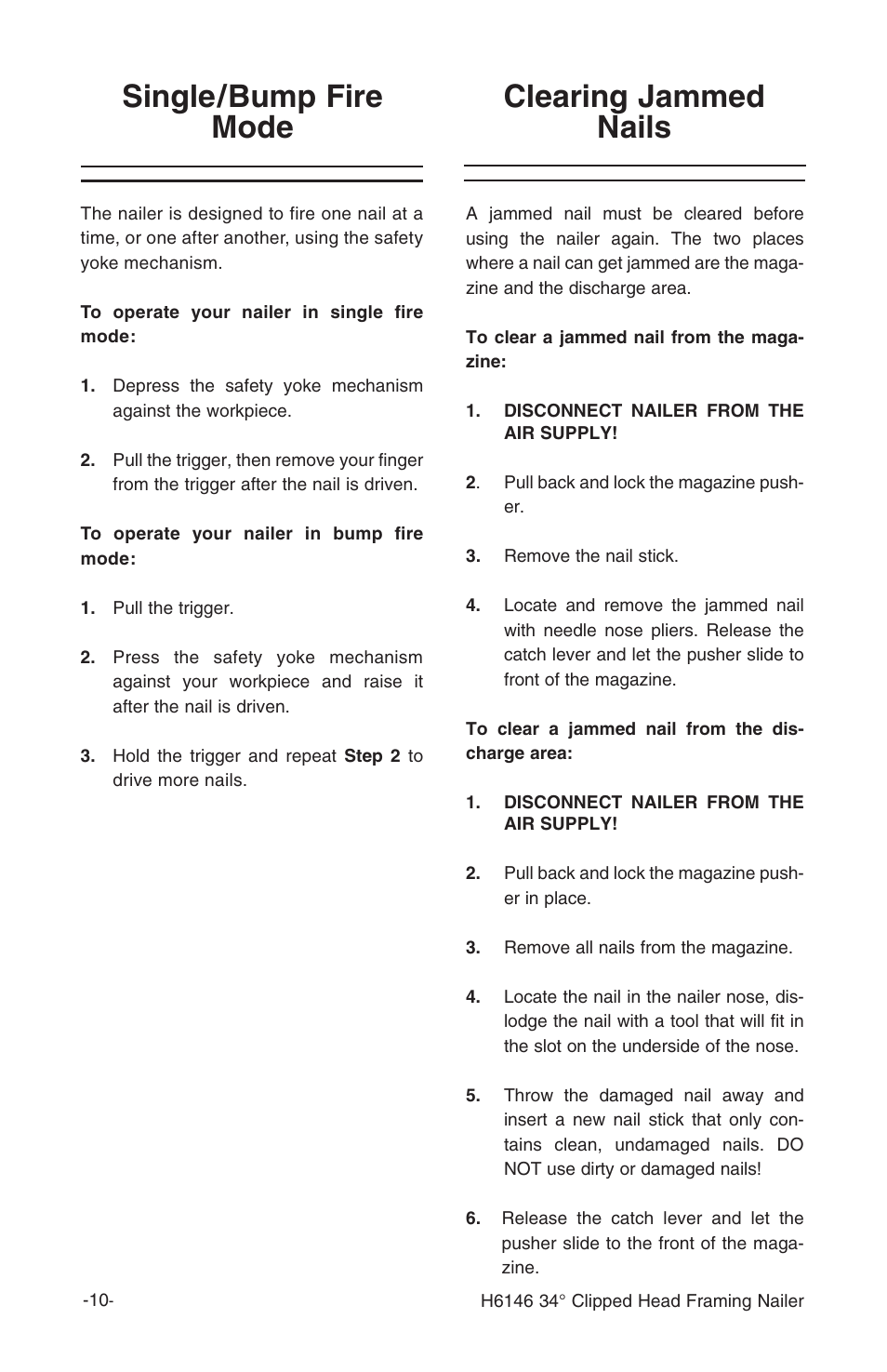 Clearing jammed nails single/bump fire mode | Grizzly H6146 User Manual | Page 12 / 20
