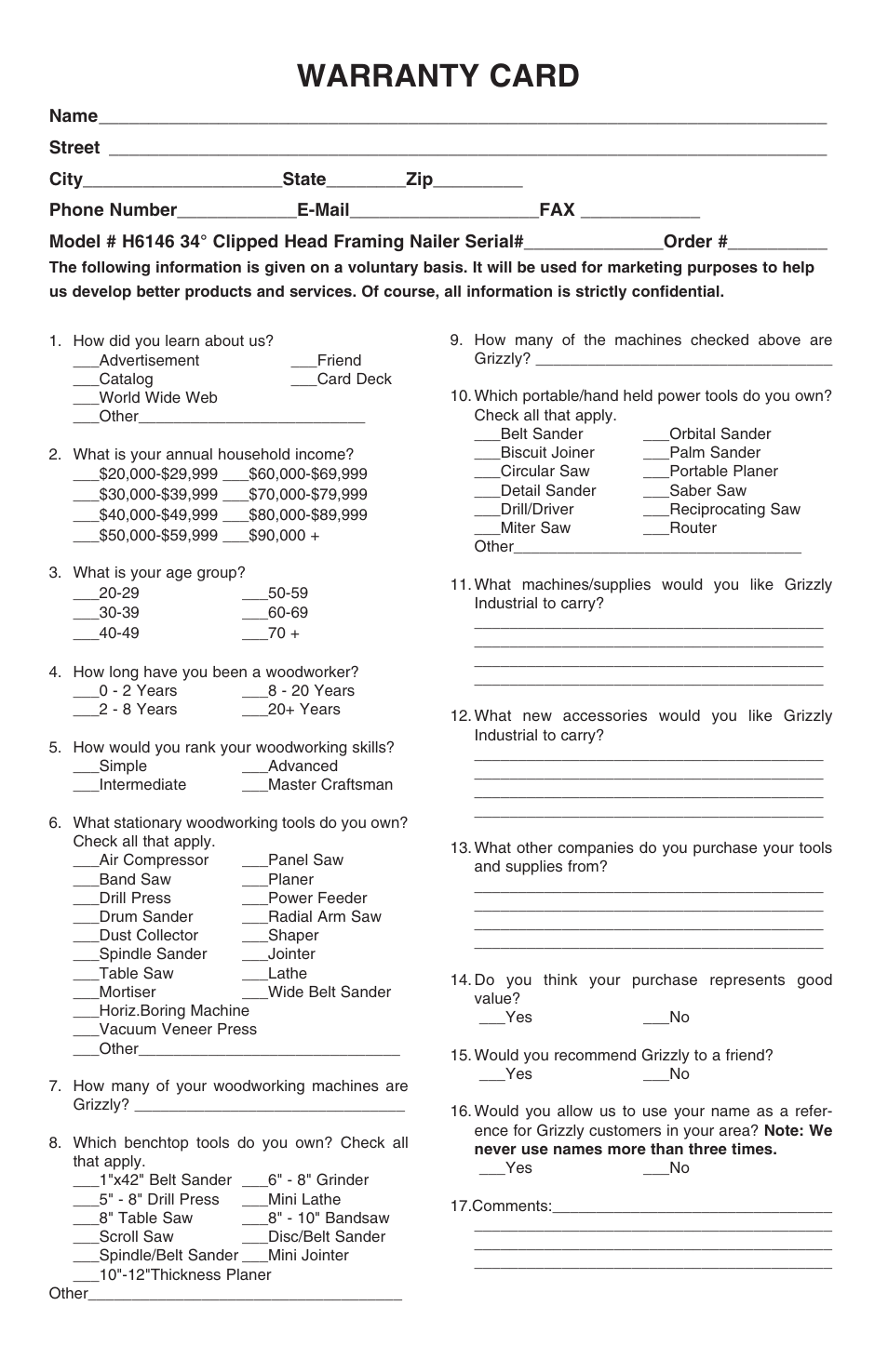 Warranty card | Grizzly H6146 User Manual | Page 19 / 20