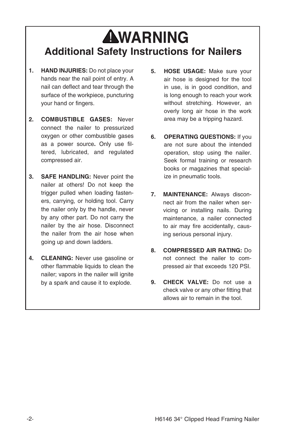 Additional safety instructions for nailers | Grizzly H6146 User Manual | Page 4 / 20