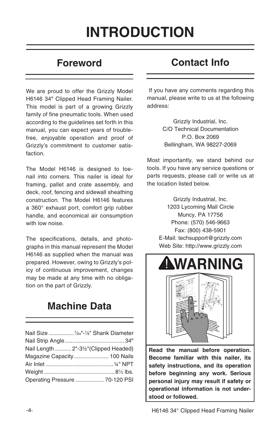 Introduction, Foreword contact info machine data | Grizzly H6146 User Manual | Page 6 / 20