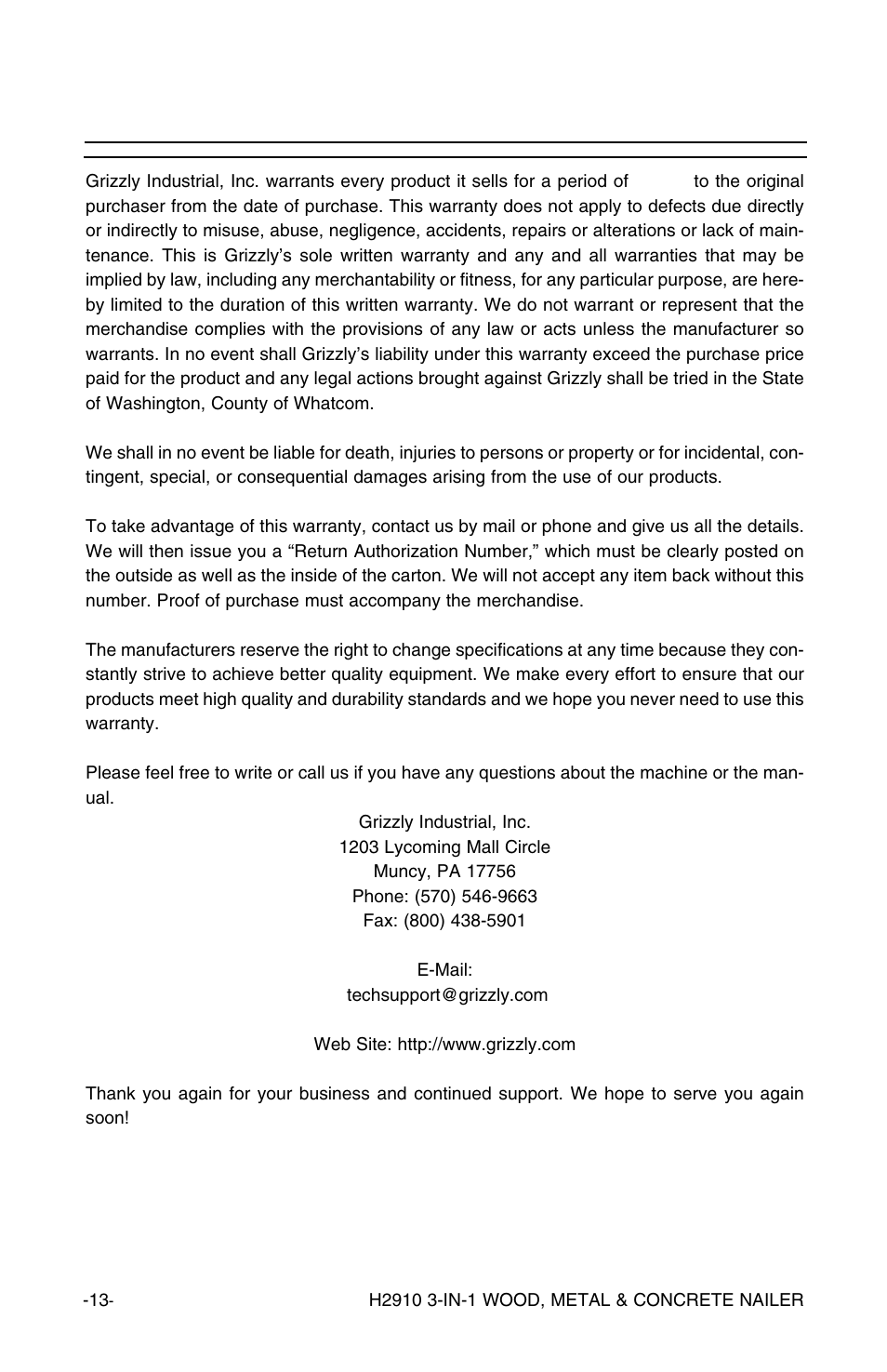 Warranty and returns | Grizzly H2910 User Manual | Page 14 / 16
