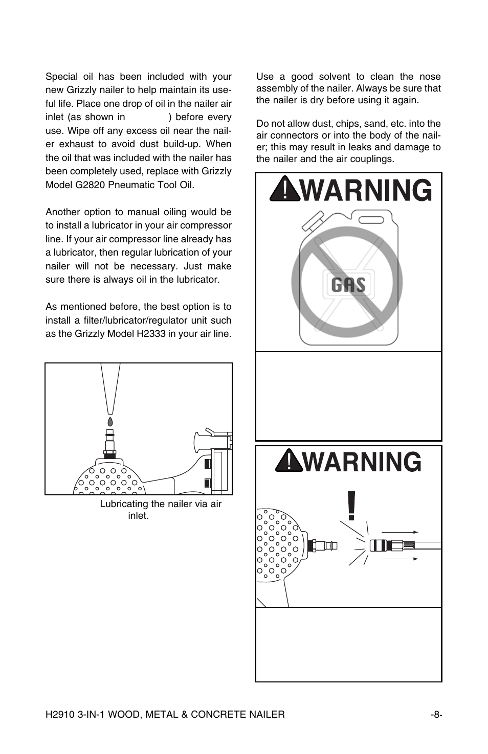 Cleaning the nailer, Oiling the nailer | Grizzly H2910 User Manual | Page 9 / 16