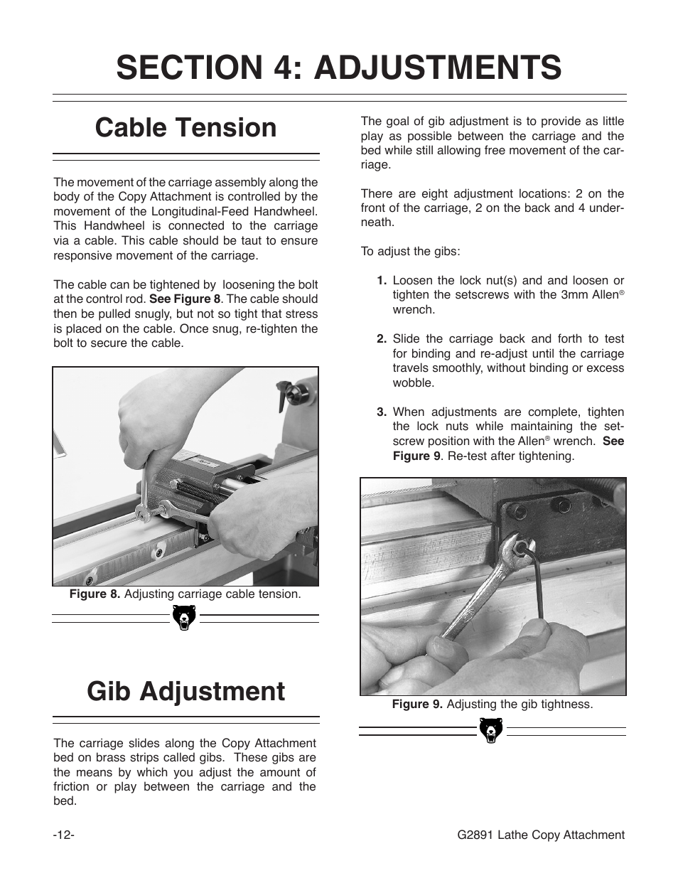 Cable tension, Gib adjustment | Grizzly Wood Copy Attachment G2891 User Manual | Page 14 / 28