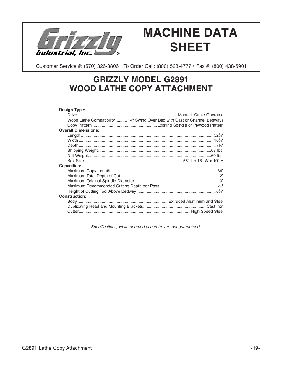 Machine data sheet, Grizzly model g2891 wood lathe copy attachment | Grizzly Wood Copy Attachment G2891 User Manual | Page 21 / 28